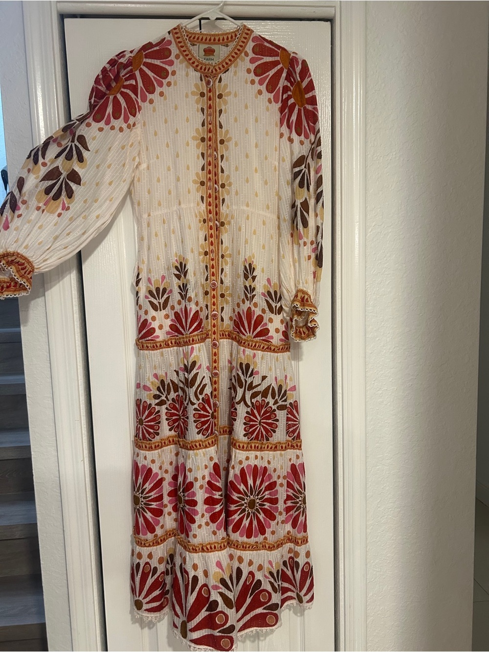 FARM RIO Boho Floral Maxi Dress in Cream with Red & Brown Accents size small